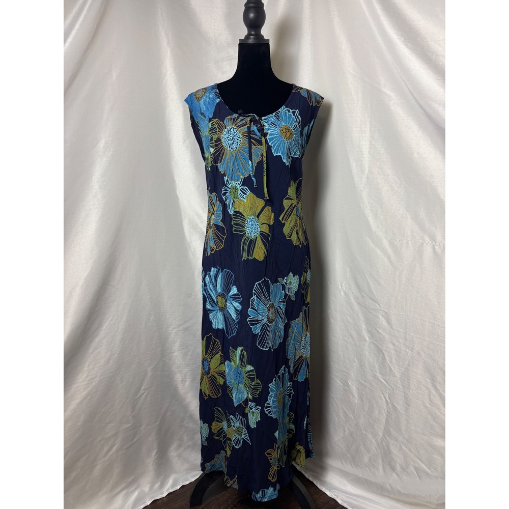 Expressions Maxi Dress Women L Navy Blue Floral Vintage 90s Sleeveless Boho